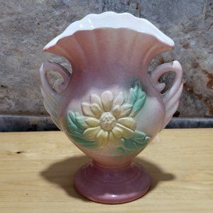 VTG USA Pottery Pink Green Yellow Flower Vase Pleated Fan Top Double Handles